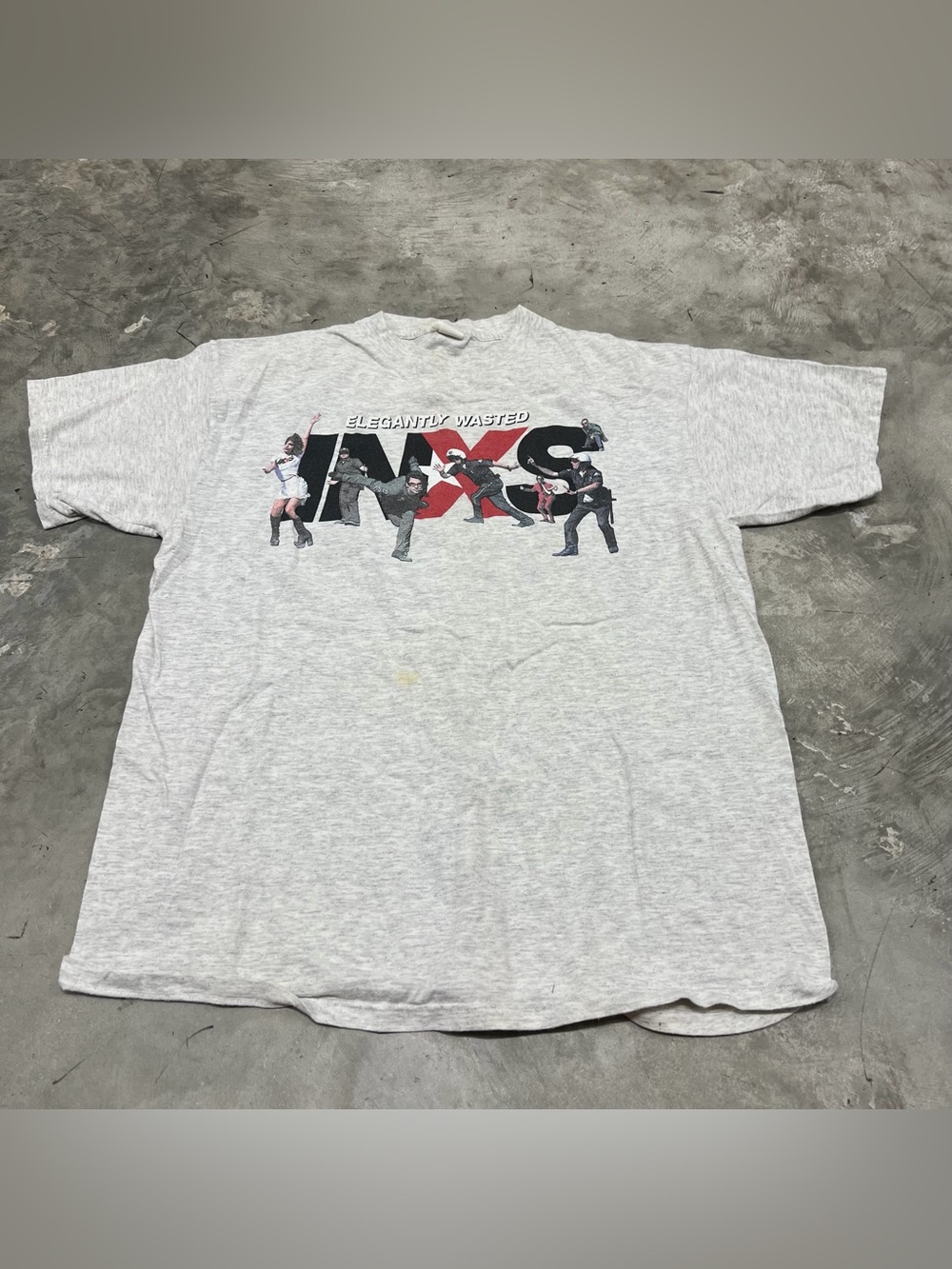 VINTAGE 1990s INXS Elegantly Wasted T-Shirt Size XL Gray Made In USA Music Bad